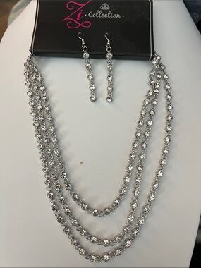 Paparazzi ZI COLLECTION Silver Crystal Three-Strand Necklace & Earrings Set